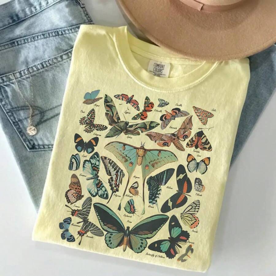 100% Cotton Vintage Butterfly & Moth Shirt Cottagecore Aesthetic Tee, Nature Lover Gift Comfortable T-Shirt Unisex Women's & Men's Campus Daily Wear - 黃色 - 查看 1