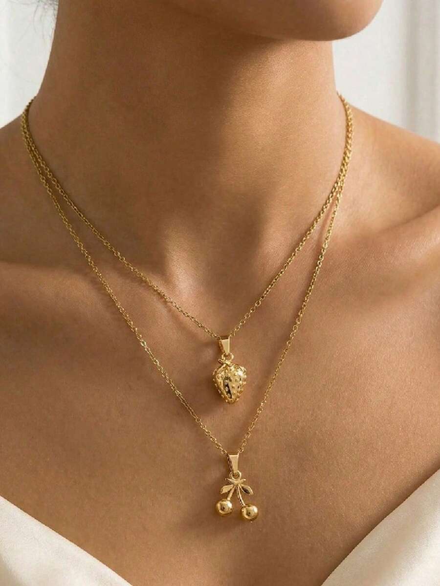 1 pieza Elegante collar con colgante de cereza dorada, joyería con colgante de fruta linda para mujeres, adecuado para uso diario y fiestas en verano - Dorado - Ver 1