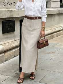 DONICY Women's Beige Wide Leg Trousers With Pockets Chic Casual Full Length Pants - Apricot - View 7