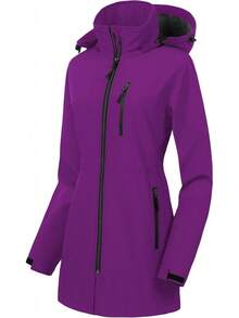Women's Waterproof Long Trench Coat Fleece Lined Softshell Jacket Lightweight Hooded Raincoat Warm Windbreaker For Outdoor Running Hiking - 深紫色 - 查看 1