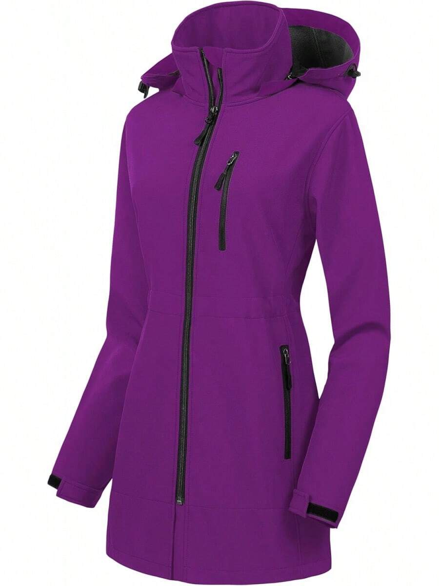 Women's Waterproof Long Trench Coat Fleece Lined Softshell Jacket Lightweight Hooded Raincoat Warm Windbreaker For Outdoor Running Hiking - 深紫色 - 查看 1
