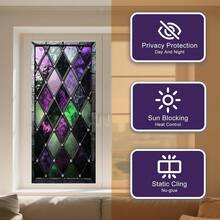 IVN Privacy Window Film Stained Glass Window Cling Purple And Green Design Decorative Static Cling Window Sticker Bathroom Entry Door 17.X 39.3 Inch - Berlian Ungu dan Hijau - View 2
