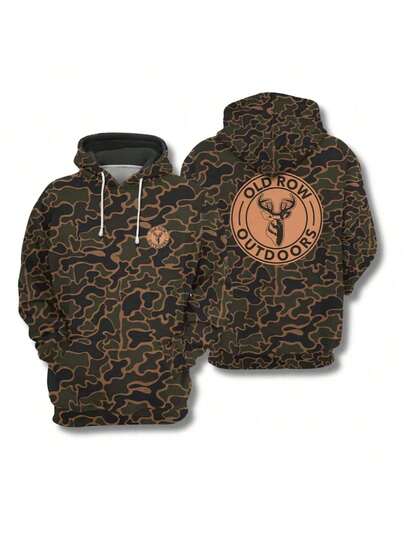 Men's 3D All Over Camo Print Hoodie, Old Row Outdoors Deer Logo Casual Pullover Hooded Sweatshirt, Streetwear Outdoor Style