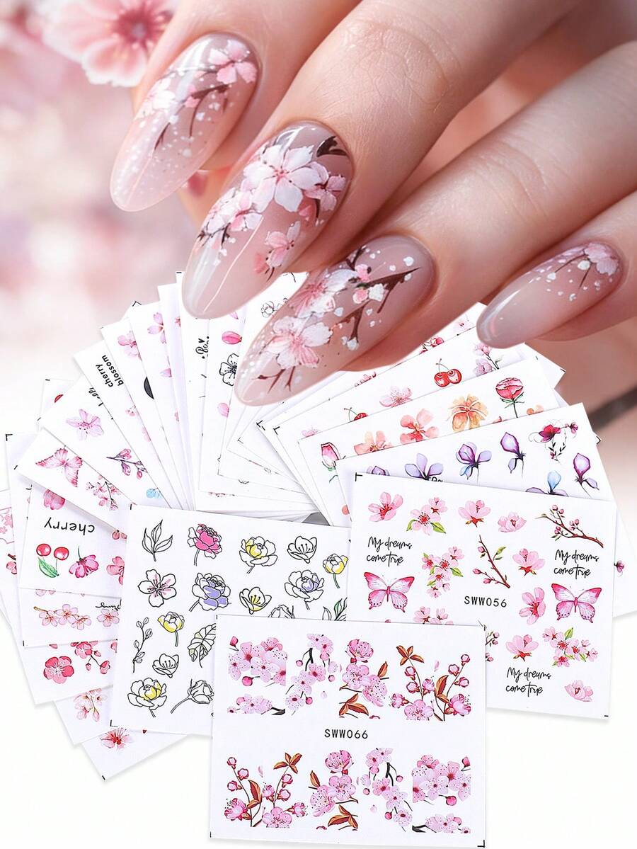 SWEET TREND Conjunto de 24 adesivos de unhas com estampa floral romântica e elegante em aquarela de flores de cerejeira, pétalas de rosa rosa, flores de cerejeira e borboletas, para decoração de unhas em salão de beleza. - Multicolorido - Ver 1