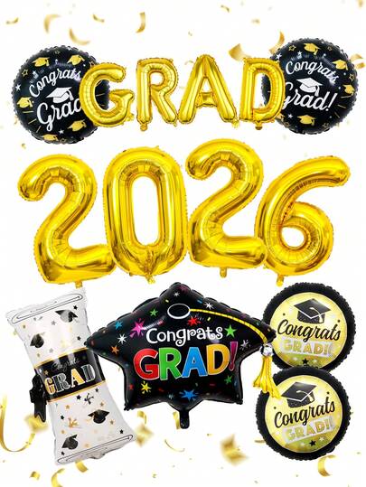 14pcs 2026 Black & Gold Graduation Party Balloons, Includes 32" 2026 Number Balloons, 16" Gold GRAD Foil Balloons, Graduation Cap & Certificate Foil Balloons, Suitable For 2026 Graduation Party Decor, College/High School Graduation Theme, Birthday, Back To School Classroom Decor, Photo Props