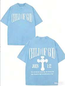 GLEC Child Of God, God Blesses You Classic Retro Fashion Street Cross Jesus Popular Letter Pattern 230g Washed Cotton T-Shirt Men's Summer HighQuality - 淺藍色 - 查看 3