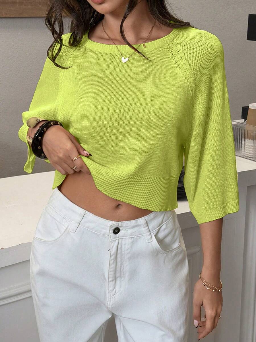 Women's Solid Color Crew Neck Casual Versatile Daily Wear Sweater - Green - View 1
