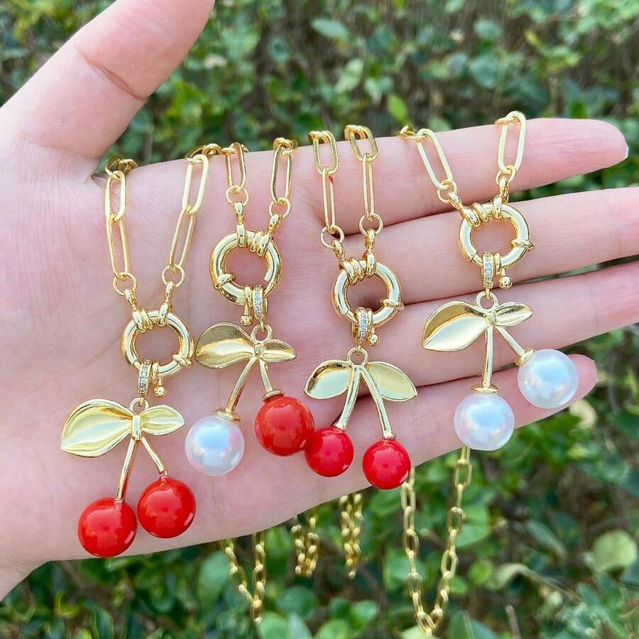 Dây chuyền mặt dây hình quả anh đào đính ngọc trai giả, kiểu dáng phóng đại, dây xích mạ đồng vàng hình kẹp giấy, trang sức dành cho nữ. - Vàng - Xem 1