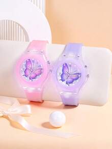 2pcs/Set Dual-Display LED Light Watch For Girls, Cartoon Unicorn Butterfly Animal Pattern Quartz Wristwatch - Multicolor - View 3