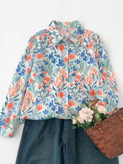 Spring Vacation Casual Floral Print Long Sleeve Shirt, Women's, Button Collar, Regular Fit, Suitable For Vacation And Daily Party Wear