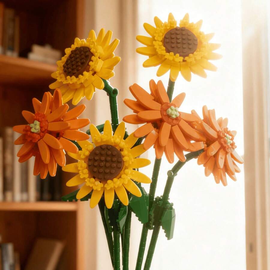 DIY积木花束套装,向日葵和非洲菊造型,益智玩具,适合男孩女孩,家居装饰及桌面摆件,理想的生日、感恩节、情人节、圣诞节、新年礼物 - 彩色 - 查看 1