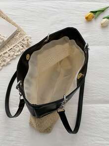 乡村风新款多功能女士单肩包，休闲大容量手提包，编织草编包，适合度假和海滩，轻松休闲风格 - 黑色 - 查看 9