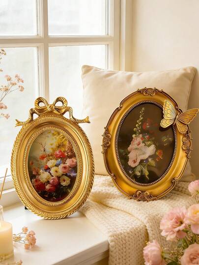 Vintage Gold Oval Resin Photo Frame, Inlaid With Delicate Butterfly And Bow Decor, Elegant Baroque Style Desktop Frame. Ideal For Displaying Precious Family Photos And Art Prints In Living Room, Bedroom Vanity, Office Desk Or Gallery Wall. High-Quality Resin Material Ensures Durability And Adds Timeless Classic Charm To Your Home Decor.