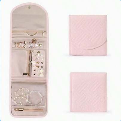 1 chiếc hộp đựng trang sức du lịch gấp gọn đa chức năng, túi đựng phụ kiện, hộp trang sức mini thời trang di động, túi đựng mỹ phẩm, hộp đựng vòng cổ, bông tai, vòng tay, nhẫn chất lượng cao, màu hồng nhạt, cuộn đựng trang sức.