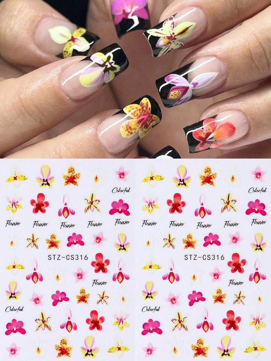 2片装热带花卉美甲贴纸,彩色兰花春夏花卉自粘滑动式美甲贴花,优雅婚礼美甲DIY用品及装饰 - 彩色 - 查看 1
