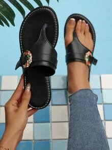Elegantes chanclas con puntera cuadrada y hebilla con brillantes de colores, uso casual y cómodo para el verano - Negro - Ver 2
