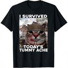 Tummy Ache Survivor Cat With Helmet Lightning Meme Graphic T-Shirt, Crew Neck Unisex Funny Sarcasm Casual Short Sleeve Tee For Cat Lover Summer Daily - 黑色2 - 查看 1