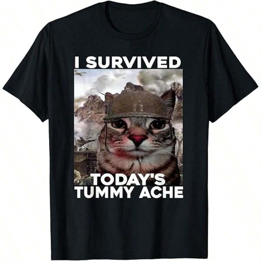 Tummy Ache Survivor Cat With Helmet Lightning Meme Graphic T-Shirt, Crew Neck Unisex Funny Sarcasm Casual Short Sleeve Tee For Cat Lover Summer Daily - 黑色2 - 查看 1