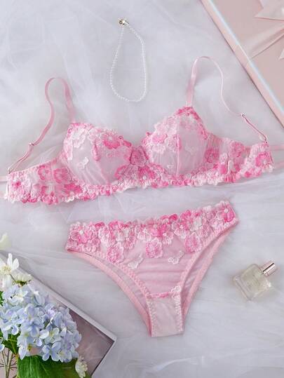 Conjunto de lencería sexy de 2 piezas con bordado 3D de flores de cerezo en color rosa, sujetador y pantie de malla transparente