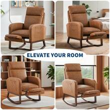Rocking Chair, Relax Rocking Chair, Nursing Chairs, Accent Rocking Linen Chair With Side Pockets & Wooden Legs, Comfy Reading Nursery Armchair For Living Room Restaurant Or Lounge - 棕色 - 查看 8