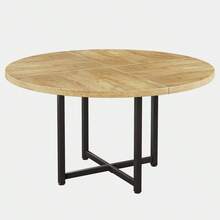 LITTLE TREE 120cm Round Dining Table - Farmhouse Kitchen Dinner Table With Heavy-Duty Metal Frame,For Living Room - Light Brown - View 8