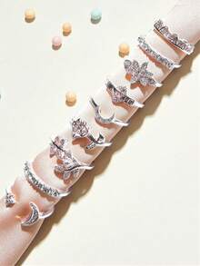 9pcs Moon Shaped Rhinestone Rings, Elegant Fashion Versatile Daily Wear Gift - Silver - View 3