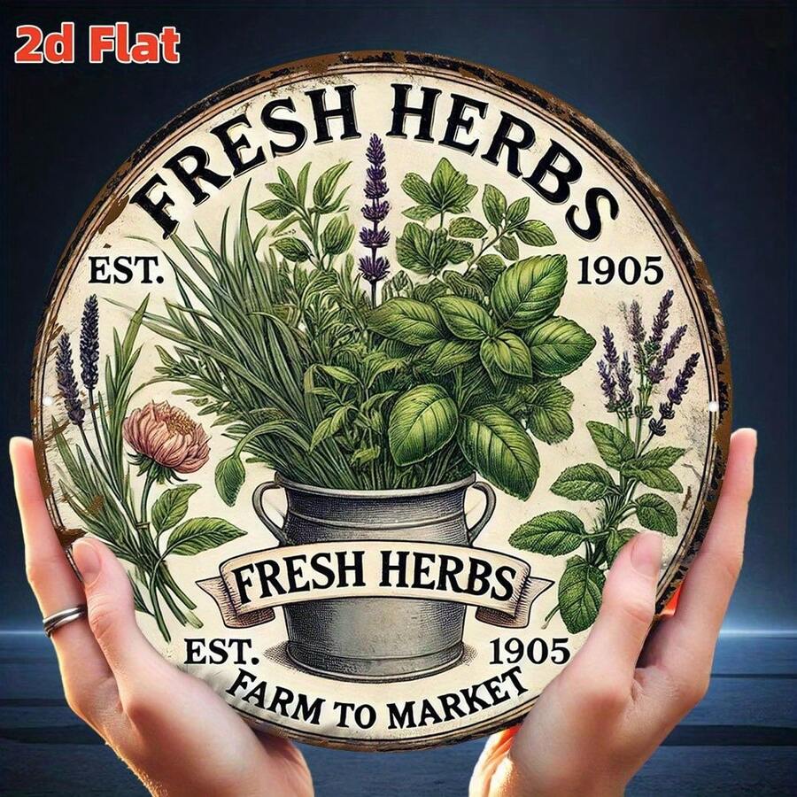 2D面板 - 2D复古木质墙饰 - 7.8英寸圆形木质香草花园牌匾,色彩鲜艳的植物图案,始于1905年,农舍风格厨房装饰,适用于室内/室外标牌,也适用于生活空间 - 彩色 - 查看 1