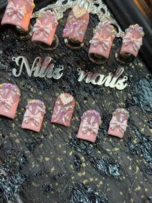 10片装手工全覆盖短方形亚克力美甲套装，西瓜粉美甲，西瓜粉法式美甲，手绘西瓜粉线条，3D粉色蝴蝶结、银色爱心、多颗珠光钻石及其他美甲配件，Y2K甜美少女风，亚克力美甲用品适合女性和女孩在主题派对、节日、日常、聚会和仪式中使用（包含：一片果冻胶和一条摩擦条）美甲用品 - 西瓜粉 - 查看 6