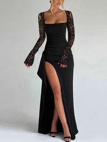Women Elegant Lace Slit Sexy Party Night Out Festival Wedding Long Dress Spring - Black - View 2
