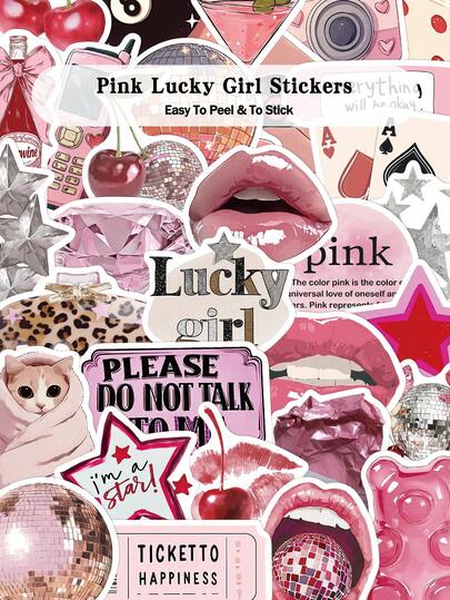 50张粉色幸运女孩贴纸，可用于行李箱、剪贴簿、笔记本电脑收纳盒、手机壳、房间桌面装饰、DIY涂鸦贴纸
