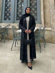 Chiffon Jacquard Muslim Abaya, Muslim Open Front Robe With Headscarf - Classic Black - View 5
