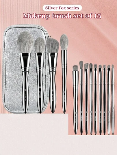 SEPROFE 13pcs Professional Makeup Brush Set, High-Quality Handle, Soft Fibers Designed To Fit Face Contours, Effortless Makeup For Natural Sculpted Look, Silver Handle Waterproof Makeup Tools
