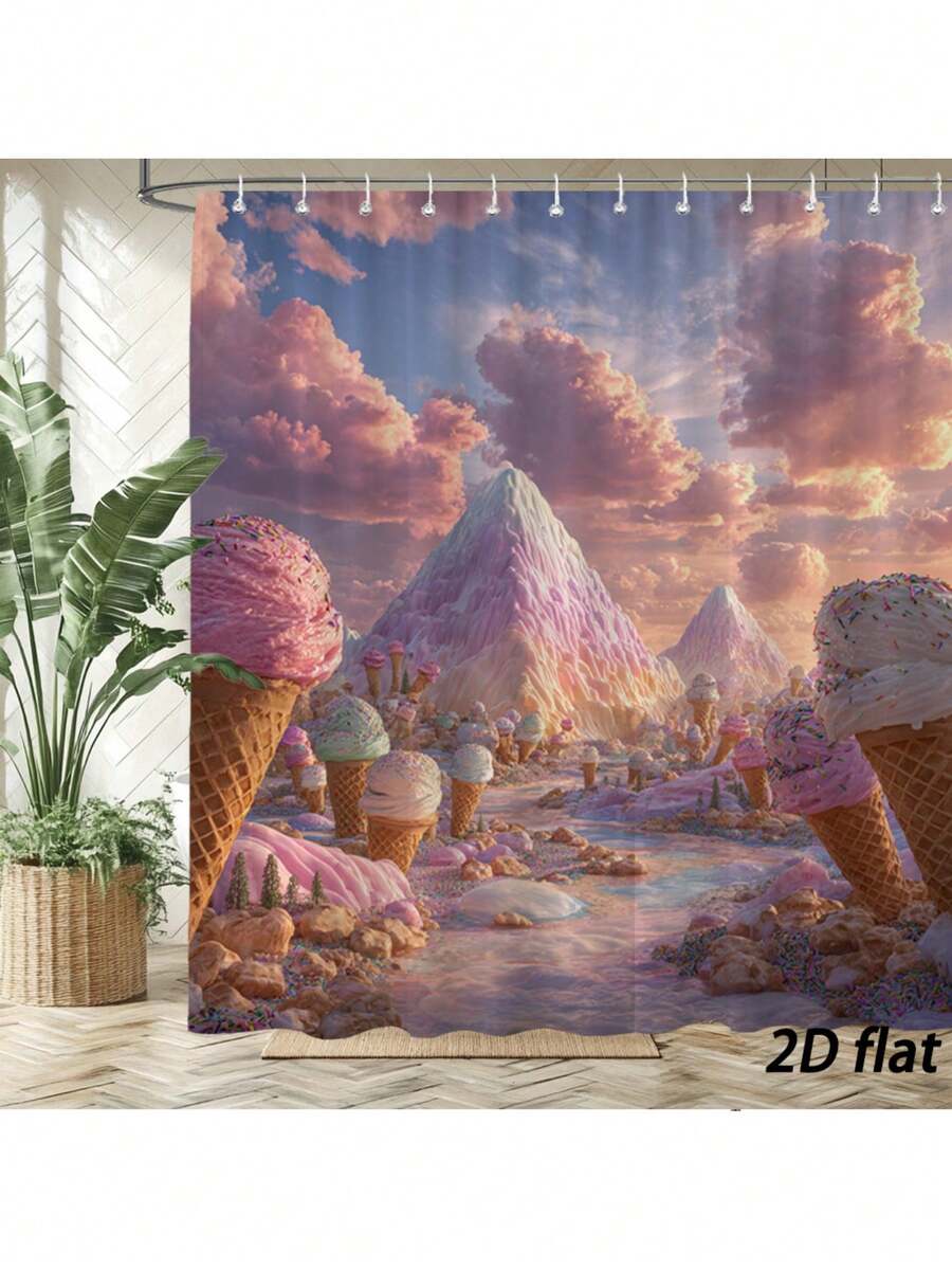 1pc Pastel Ice Cream Cone Mountain Landscape Shower Curtain - Whimsical Bath Decor With 12 Hooks, Ice Cream Parlor Theme Bathtub Divider, Machine Washable 70.8"X70.8" Suitable For Bathroom, 2D Flat - 彩色 - 查看 1