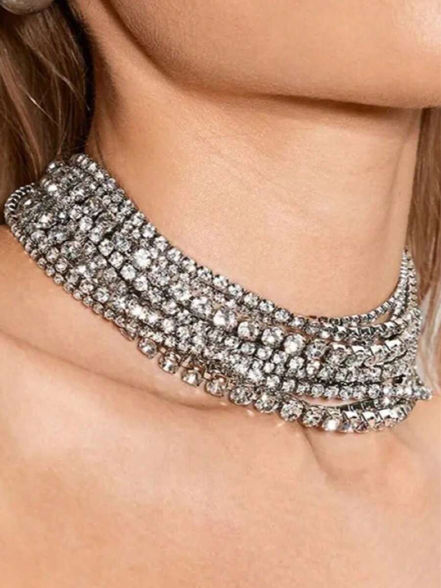 1 buah Perhiasan Pengantin Modis & Elegan dengan Hiasan Berlian Imitasi Penuh, Kalung Kristal Baris Tunggal Berkilau untuk Wanita - Perak - View 1