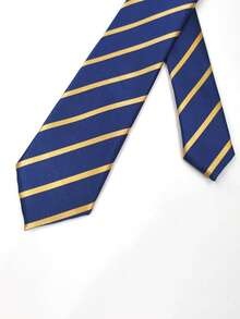 1条8厘米宽提花织造藏蓝色金条纹领带，商务正装 - 藏藍金條紋 - 查看 5