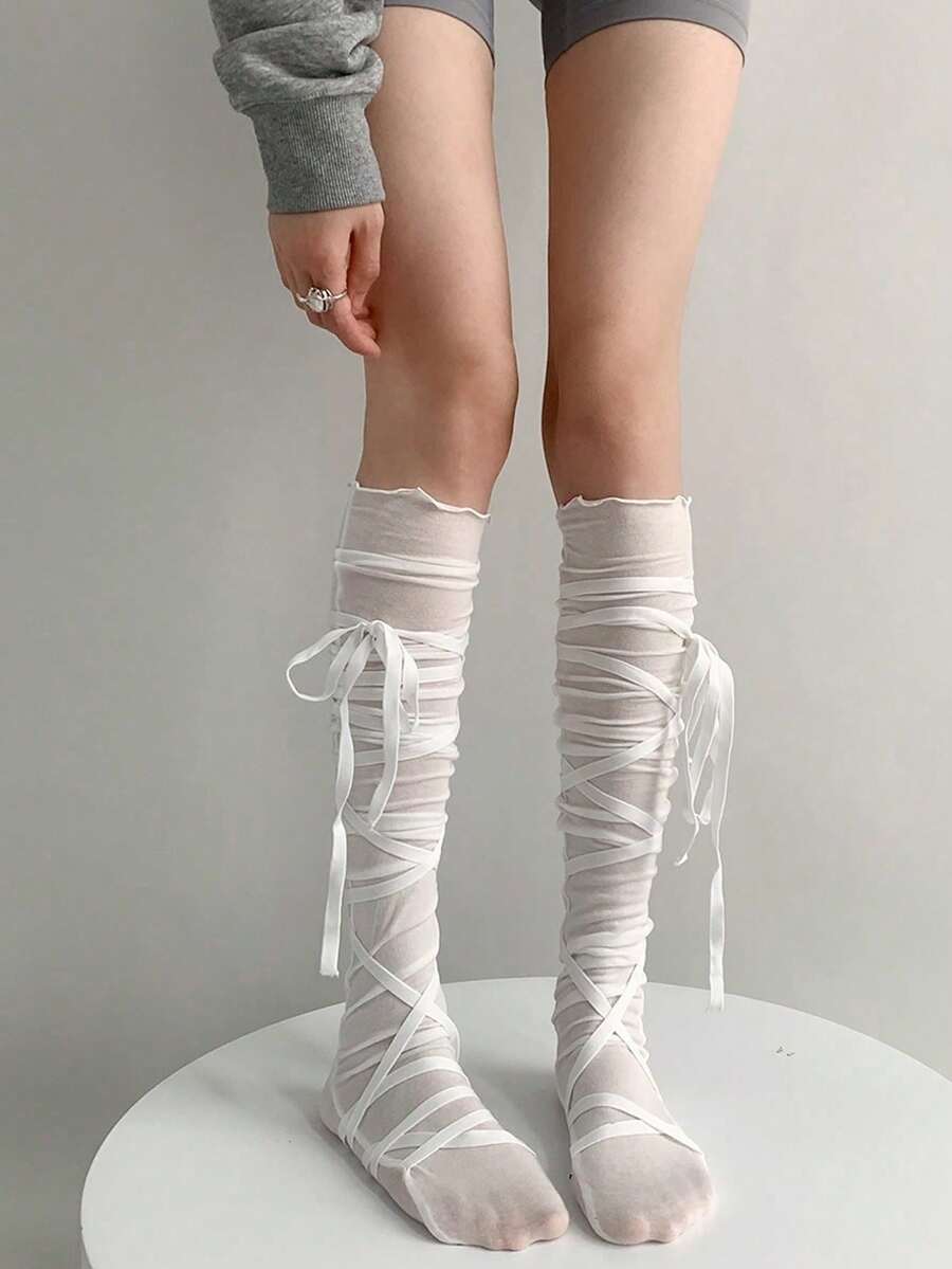 1 Pair Black/White Lace-Up Knee High Socks For Women, Unique Cross Bow Tie Design Thigh High Stockings, Stretchy Ballerina Socks Suitable For Daily Wear, Party, Cosplay And Streetwear, Spring/Summer - 白色 - 查看 1