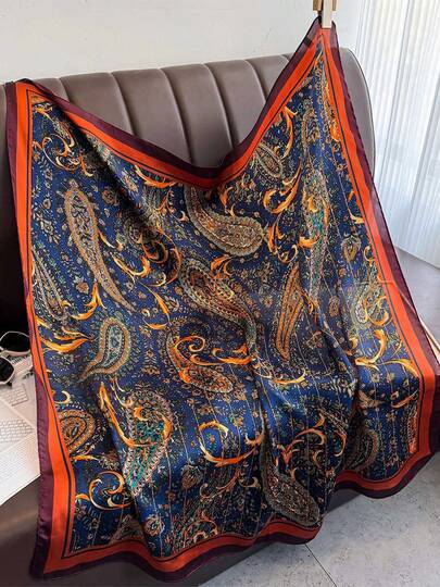 1条波西米亚风蓝橙色佩斯利花纹缎面围巾，多功能女士仿丝围巾披肩，适合旅行、度假、休闲、通勤、领口装饰、时尚手提包装饰