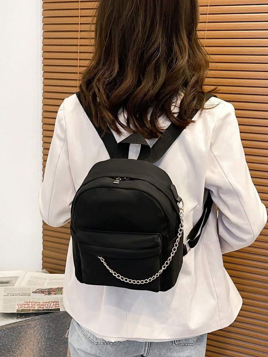 Large Capacity Women's Backpack, Classic Solid Color Design - Black - View 1