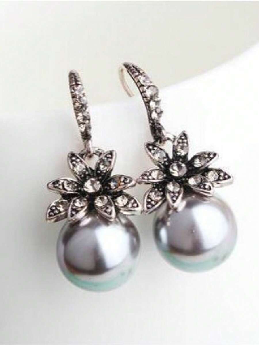 1对长款仿珍珠花朵耳坠，百搭复古优雅女士耳环 - 灰色 - 查看 1
