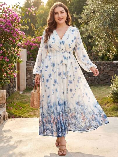 Women Plus Size Long Sleeve Overlap Collar Belted Flared Long Dress With Bishop Sleeves And Floral Print Perfect For A Boho Vibe