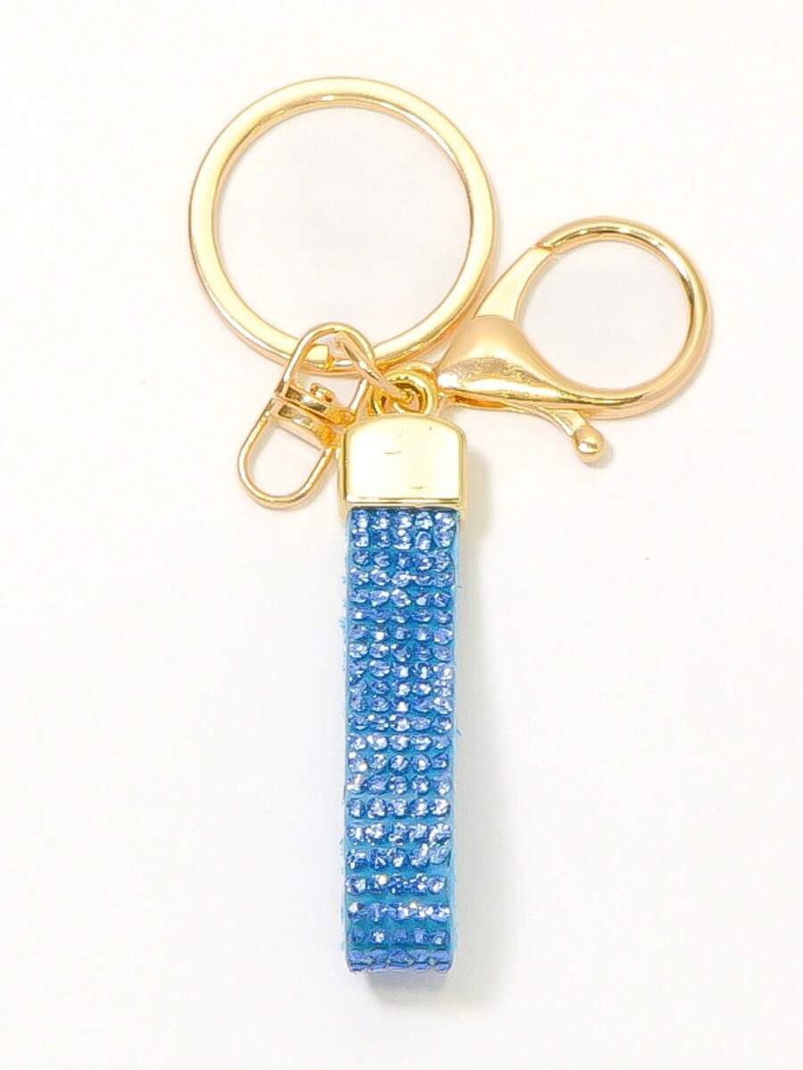 Rhinestone Leather Keychain, Bling Metal Bag Charm - Light Blue - View 1