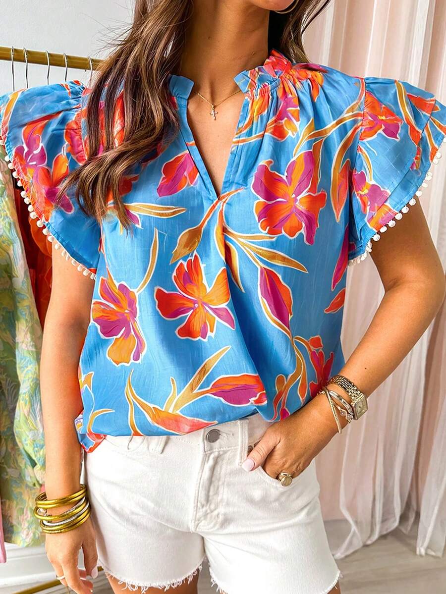 天蓝色花卉印花V领毛球饰边荷叶袖衬衫 - 藍色 - 查看 1