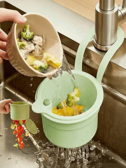 1. 免手挤压式沥水篮，食物残渣过滤网 2. 悬挂式厨房水槽沥水篮，一键挤压式沥水篮 3. 厨房植物架，水龙头沥水篮 4. 独立式沥水篮，厨房收纳篮 5. 海绵沥水篮，抹布沥水篮