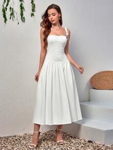 Elegant White Mid-Length Spaghetti Strap Ruffle Back Sleeveless Dress, Casual Bohemian Style For Summer - White - View 6