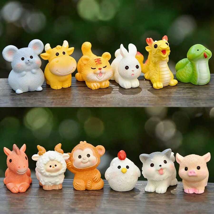12 mini figurine drăguțe cu zodii, decor de birou vindecător pentru anul nașterii tale, design adorabil Q-Version, poate fi folosit ca decor de birou, accesorii auto, colecție, decorare acvariu, cadou de Anul Nou, colecție binecuvântată, realizate din rășină cu textură fină, cadou de festival, birou, rechizite de birou, accesorii de birou - Ornamente mici - Vizualizare 1