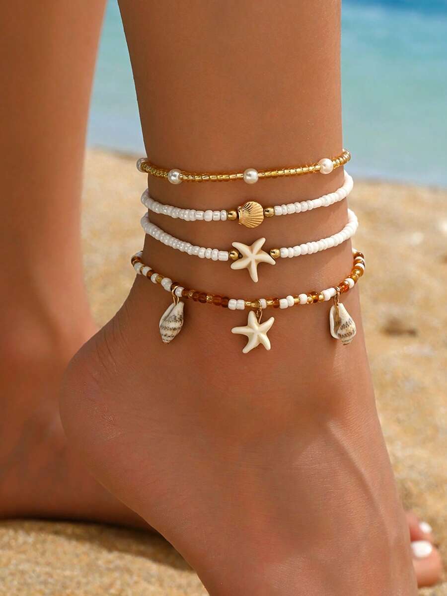 4pcs/Set Summer Bohemian Ocean Style Beaded Shell Anklet, Fashionable Alloy Shell Decor Foot Jewelry For Women, Suitable For Daily Wear And Beach Party. The Shape, Size And Surface Pattern Of The Shells Are Random. - Multicolor - View 1