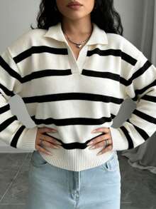 el mejor regalo para el Día de la Madre:ropa de otoño para mujer, suéter de punto de manga larga con cuello de solapa, contraste de color a rayas, casual, vuelta al colegio en blanco - Blanco - Ver 4