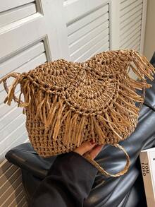 Fashionable Flap Crossbody Bag, Envelope Shoulder Straw Woven Square Bag, Casual Woven Tote Bag, Versatile Bag With Tassel, Hollow Out Beach Bag - Khaki - View 7
