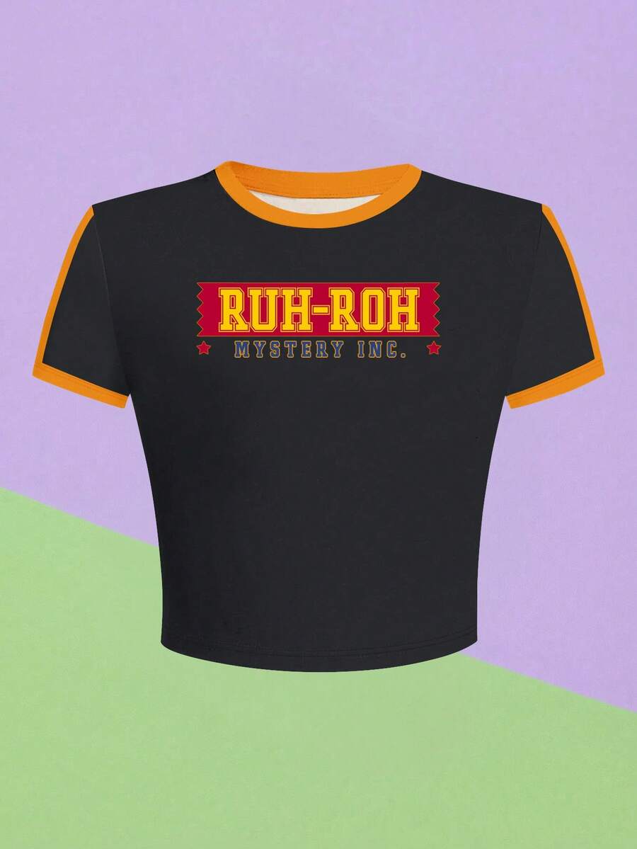 Whysmera SHEIN X SCOOBY-DOO 女士印花短款上衣 - 休闲可爱风格，适合日常穿着 - 黑色 - 查看 1