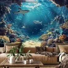 海底鲨鱼主题挂毯 - 以珊瑚礁和海洋生物为主题的海洋主题壁挂，现代布艺挂毯海报，卧室美学装饰，房间旗帜，房间装饰，挂毯，墙面装饰，墙面艺术，家居装饰，房间用品，房间旗帜，挂毯 - 1PC - 查看 2